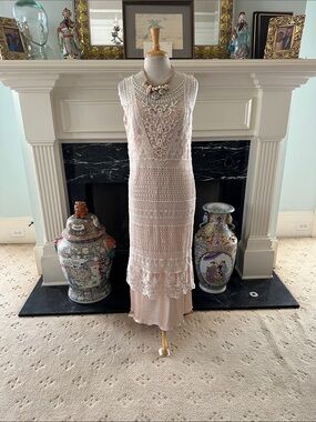 Sleeveless Crochet Maxi Dress in Pale Pink by